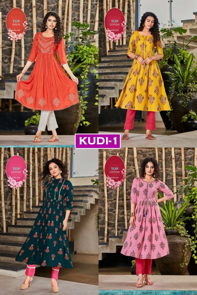 Kudi 1 Latest Fancy Designer Flair Style Ethnic Wear Rayon Long Printed Kurtis Collection
